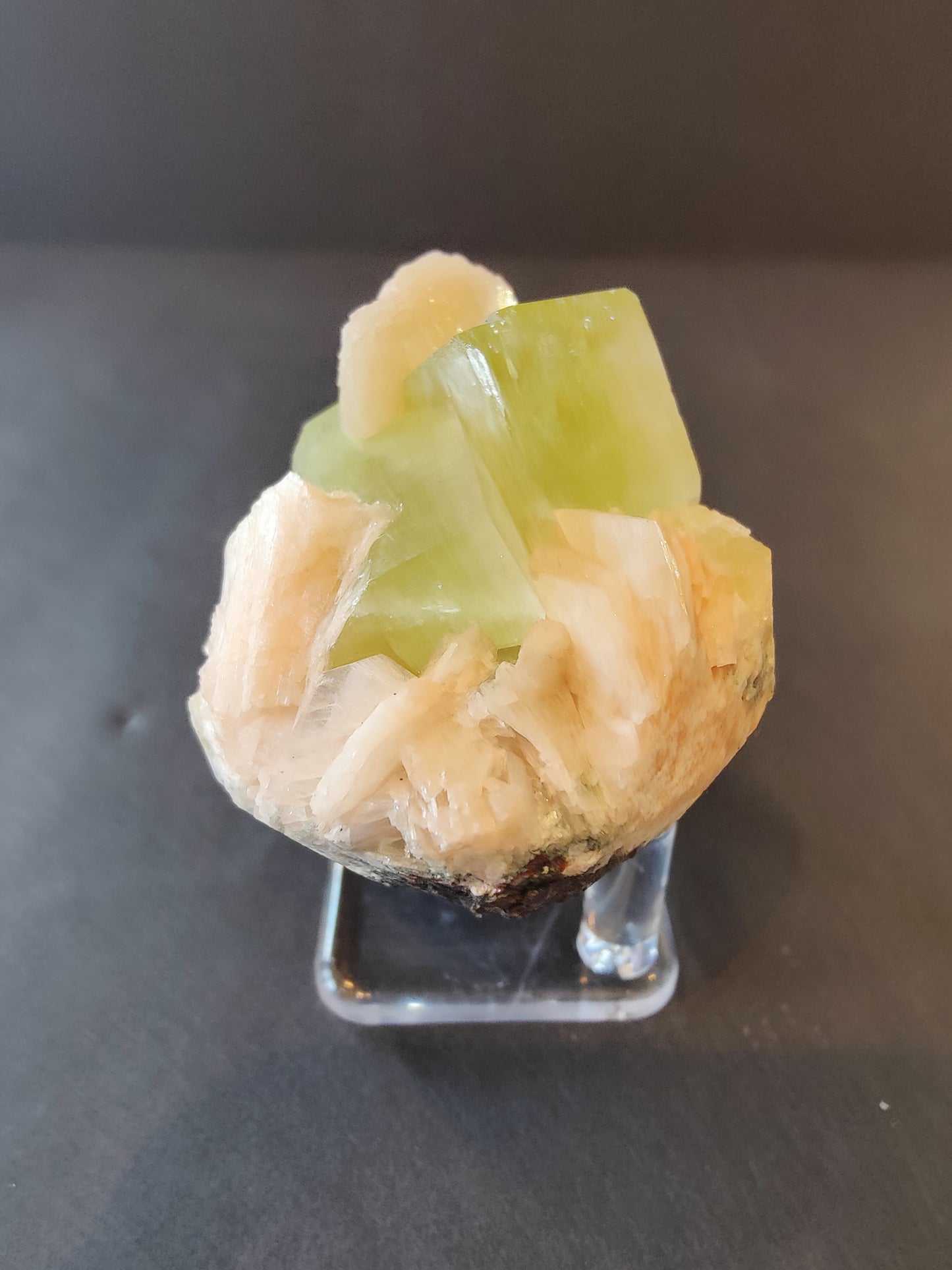 Green Apophyllite Cubes with Peach Stilbite on Heulandite Specimen 169g