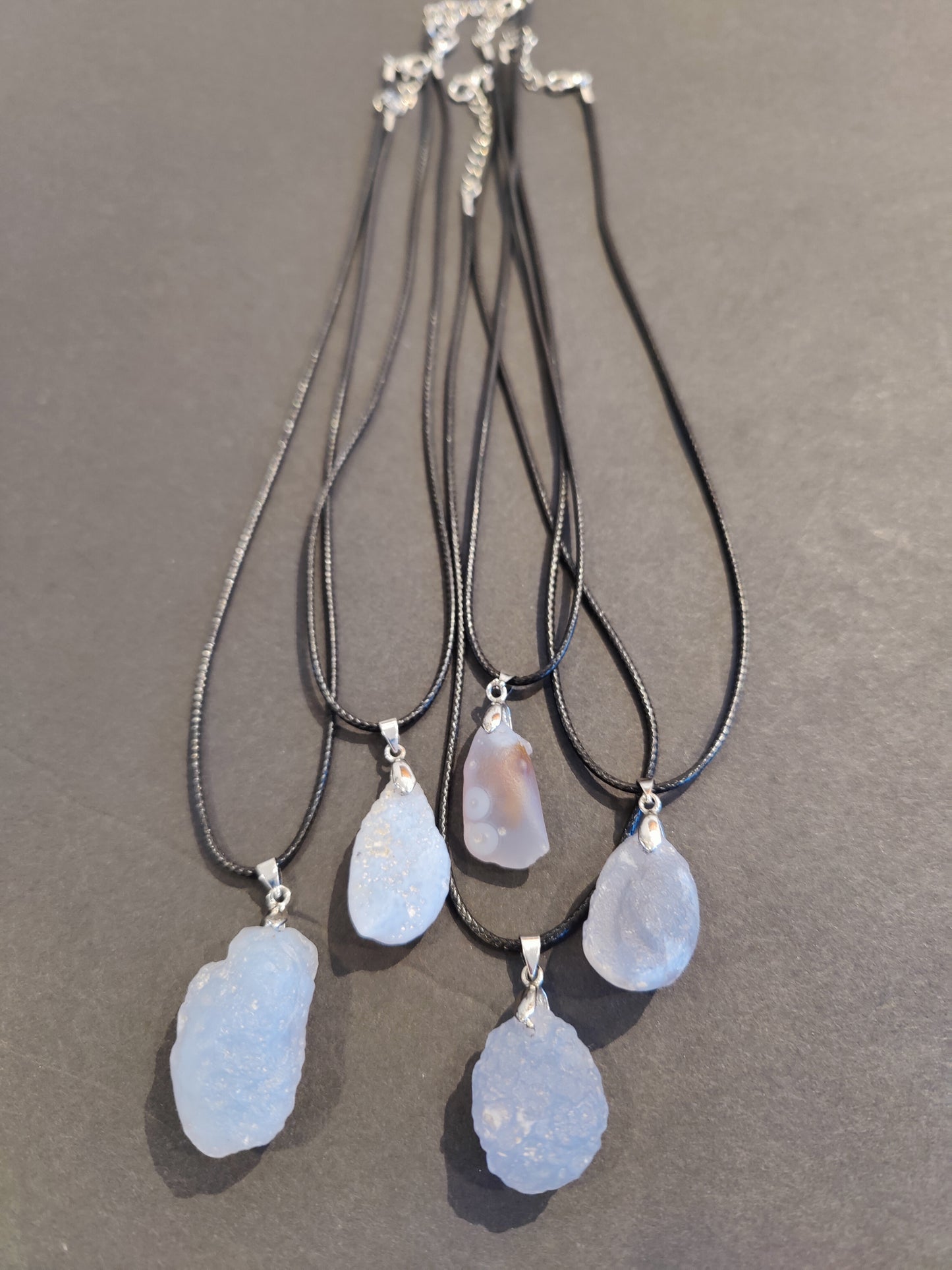 Blue Chalcedony Gobi Desert Raw Stone Pendant with Cord Necklace 18"