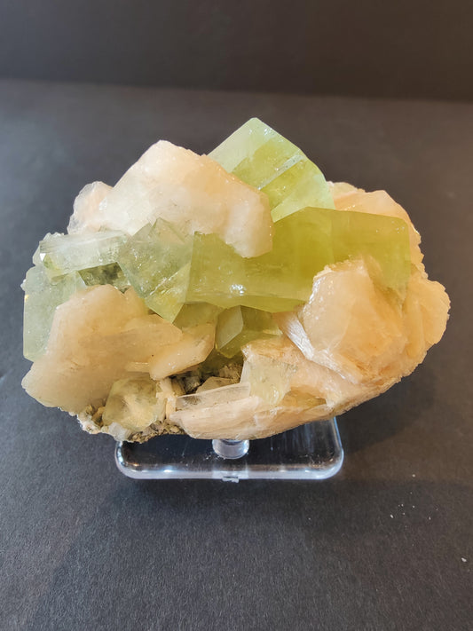 Green Apophyllite Cubes with Peach Stilbite on Heulandite Specimen 169g