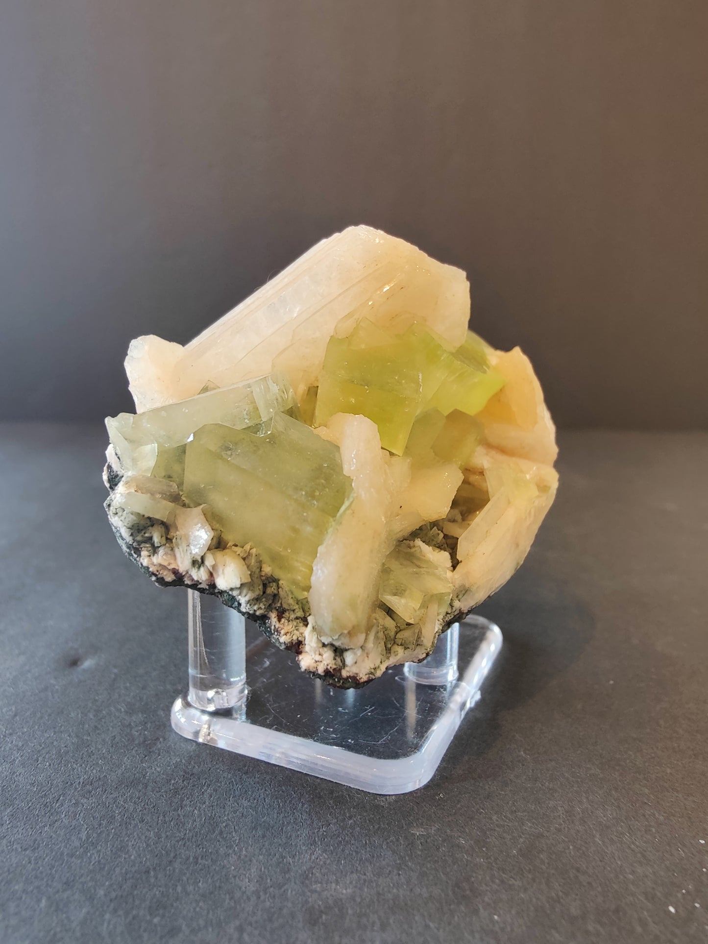 Green Apophyllite Cubes with Peach Stilbite on Heulandite Specimen 169g