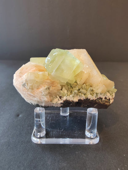 Green Apophyllite Cubes with Peach Stilbite on Heulandite Specimen 169g