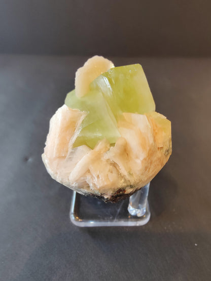 Green Apophyllite Cubes with Peach Stilbite on Heulandite Specimen 169g