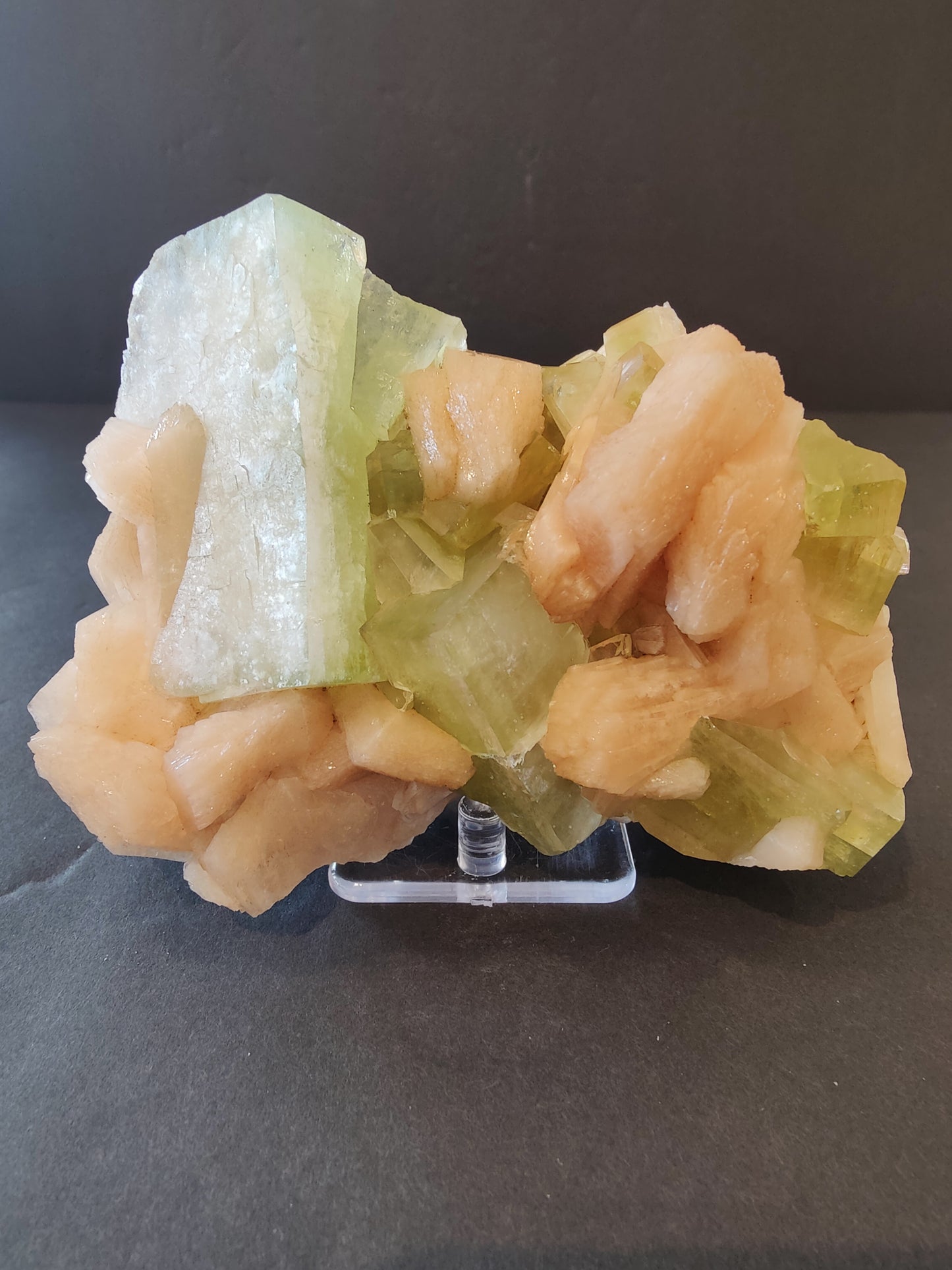 Green Apophyllite Cubes with Peach Stilbite Specimen 474g