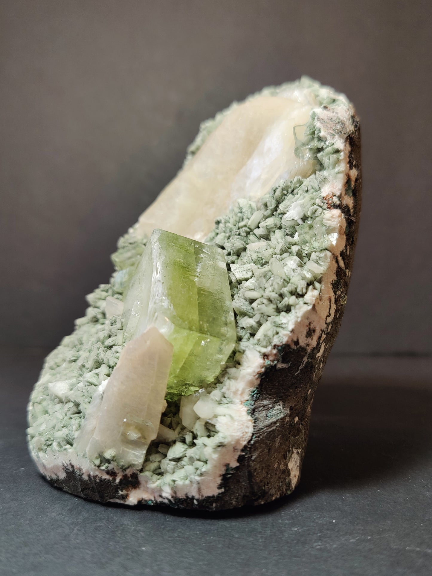 Green Apophyllite Cubes with Peach Stilbite on Heulandite Specimen 730g