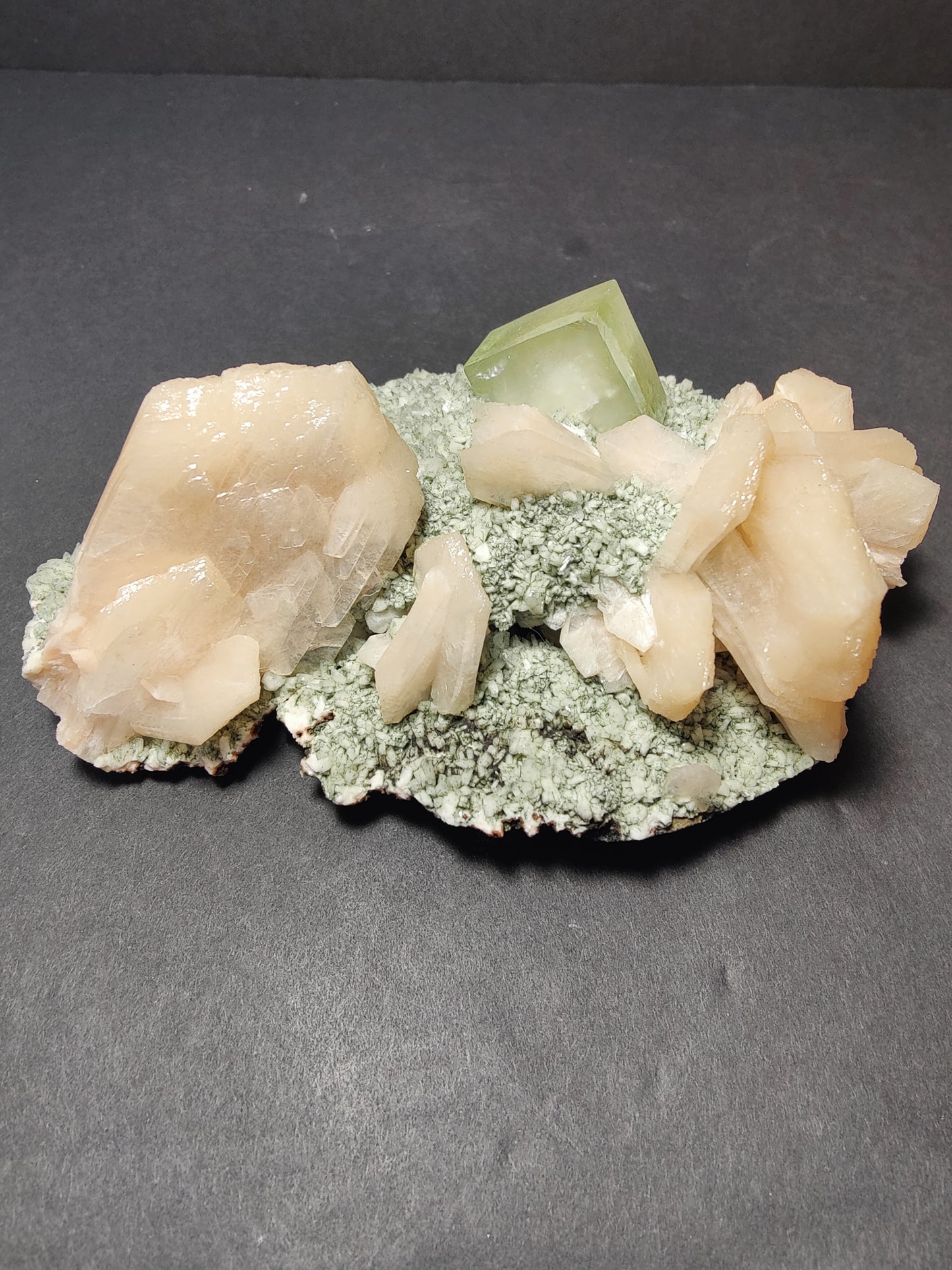 Green Apophyllite Cube with peach Stilbite on Heulandite Specimen 377g