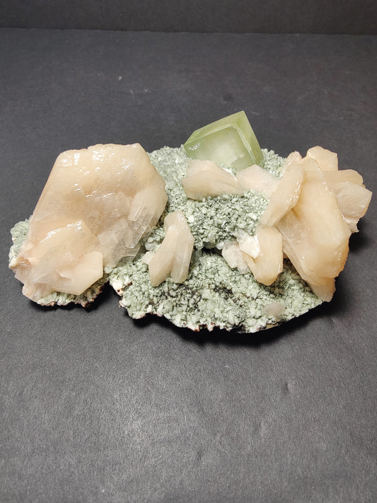 Green Apophyllite Cube with peach Stilbite on Heulandite Specimen 377g