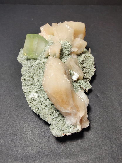 Green Apophyllite Cube with peach Stilbite on Heulandite Specimen 377g