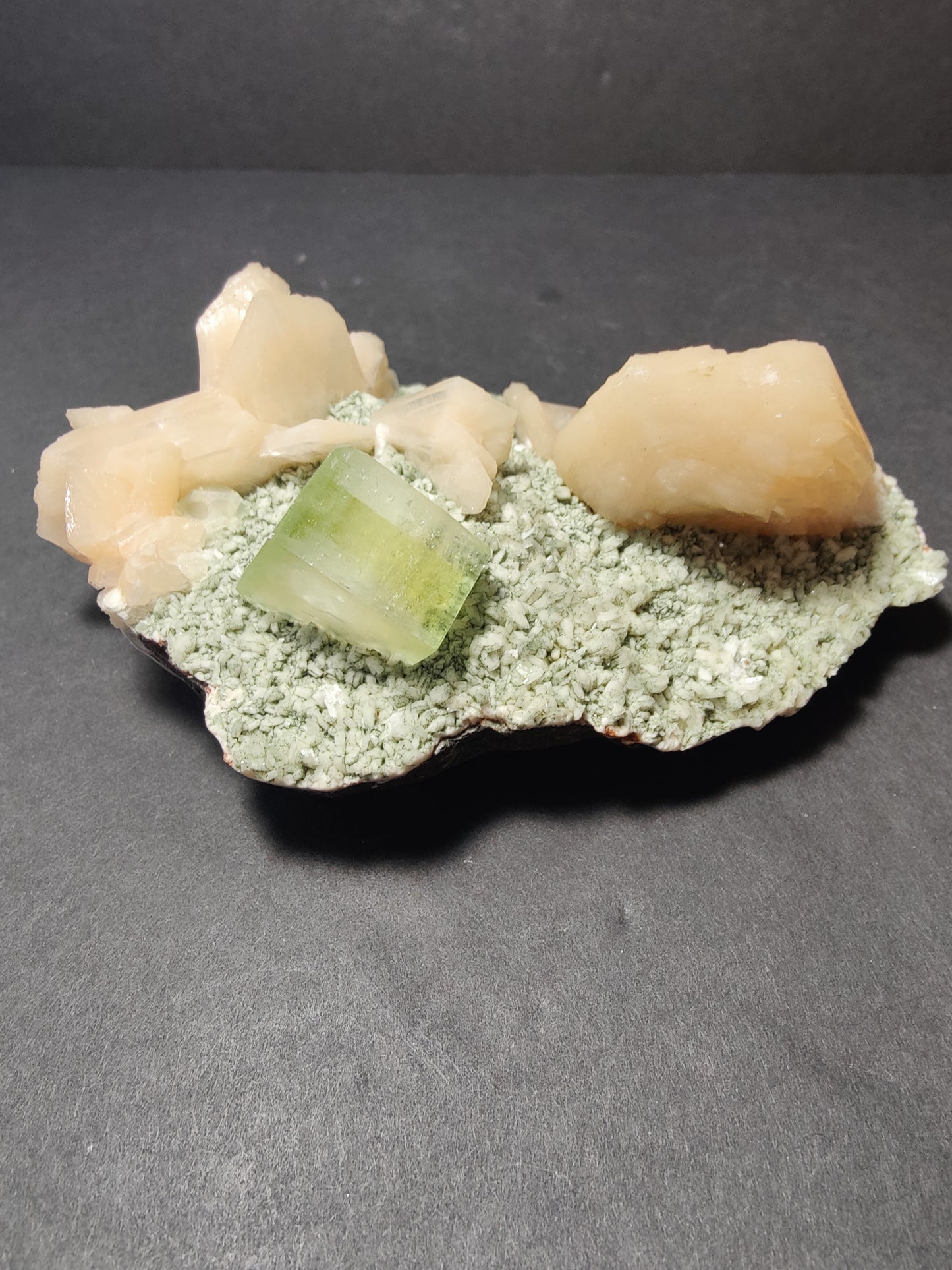 Green Apophyllite Cube with peach Stilbite on Heulandite Specimen 377g