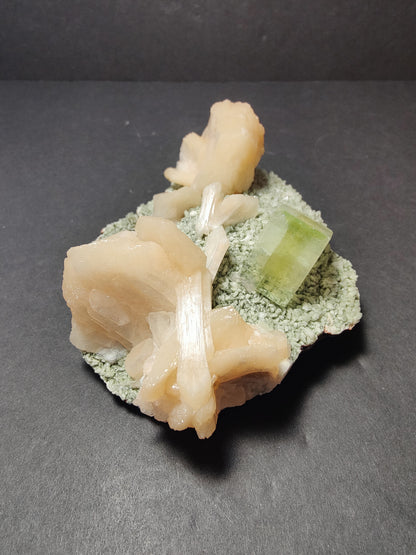 Green Apophyllite Cube with peach Stilbite on Heulandite Specimen 377g