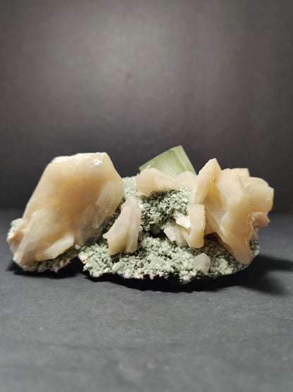 Green Apophyllite Cube with peach Stilbite on Heulandite Specimen 377g