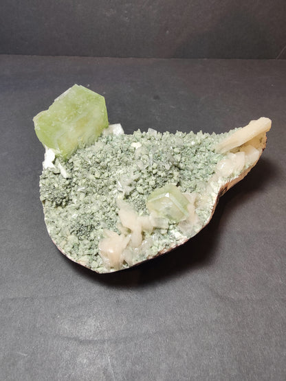 Green Apophyllite Cubes with Peach Stilbite on Heulandite Specimen 556g