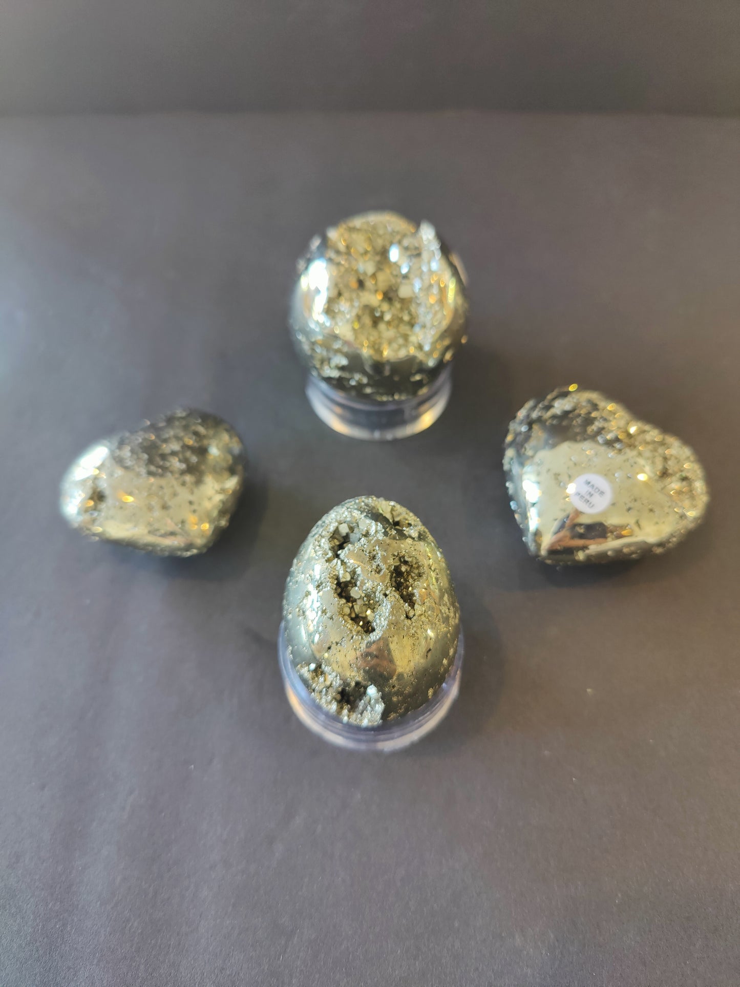 Polished Pyrite Spheres, Eggs, & Hearts