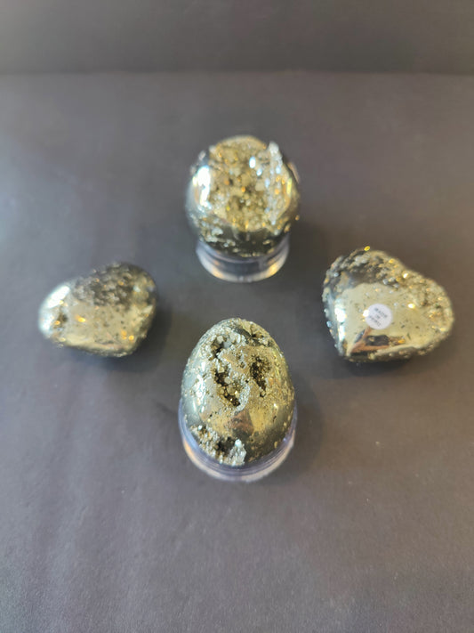 Polished Pyrite Spheres, Eggs, & Hearts