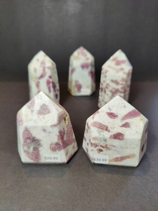 Rubellite (Pink Tourmaline) in Quartz Polished Obelisk Tower Sculpture