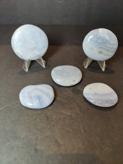 Blue Lace Agate Palmstone | Natural Crystal Palm Stone | Rare Earth Gallery